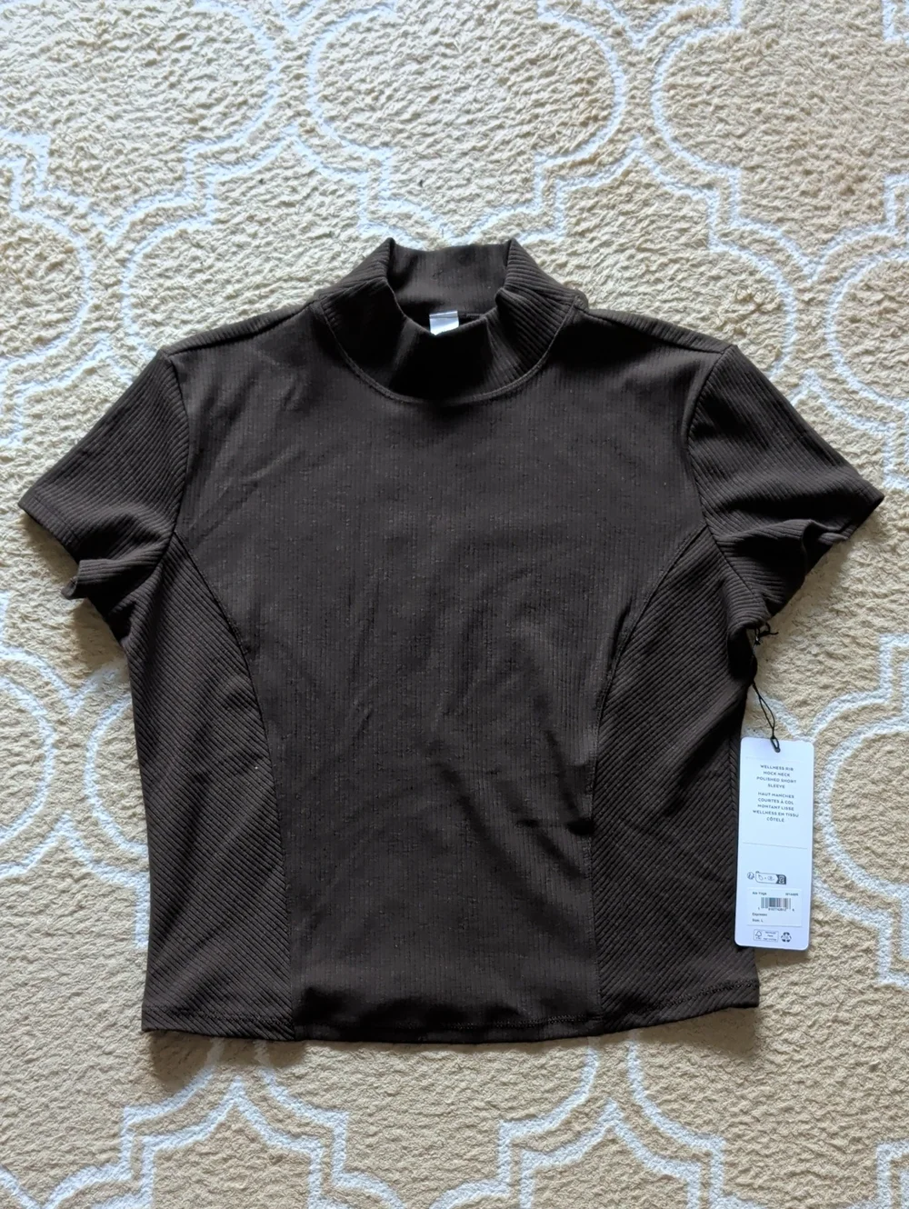 ALO Wellness Rib Mock Neck Polished Short Sleeve Espresso NWT